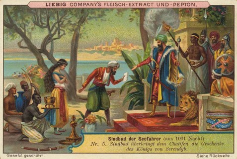 Picture series 1001 Nights, Sinbad the Sailor, 5, Sinbad presents the gifts of the King of Serendyb