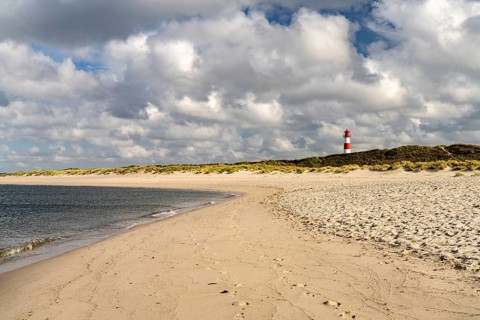 Beach at the coast of Ellenbogen and the lighthouse List-Ost, List, island Sylt, district