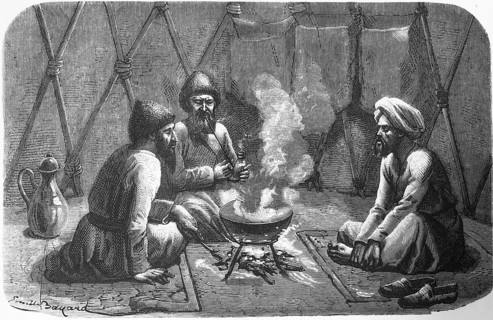 Group of the Central Asian Turkic people, Turkmen sitting in a tent, three native men with full