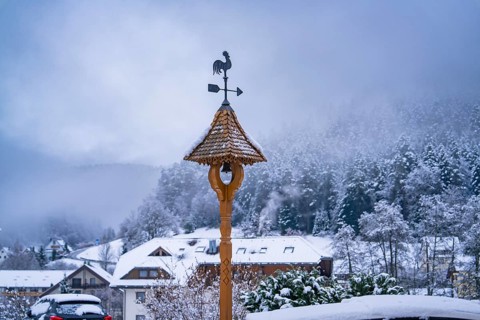 Weather vane in a wintry atmosphere in front of a snowy mountain landscape, Enzklösterle, Calw