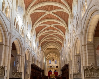Vaulted roof ceiling interior of Buckfast abbey church, Buckfast Abbey, Devon. England, UK
