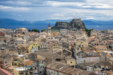 Corfu Town, Corfu, Greece, City overview Corfu Town with the Greek Orthodox Church of Agios