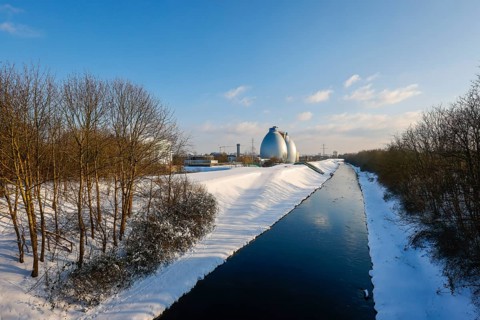 Dortmund, North Rhine-Westphalia, Germany - Sunny winter landscape in the Ruhr area, ice and snow