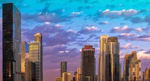Israel, Tel Aviv financial business district skyline with shopping malls and high tech offices,