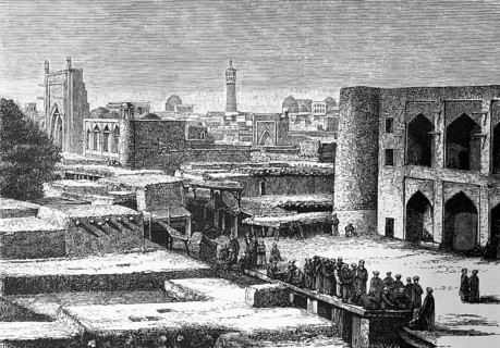 Cityscape of the oasis city of Xiwa or Khiva, old town with mosque, minaret, people, domed