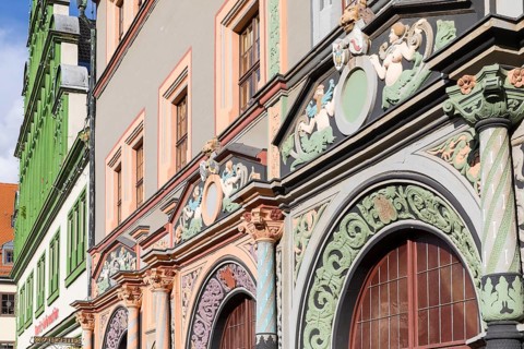 Ornate Renaissance portals on the Cranach House and the neighbouring town houses on Weimar's market