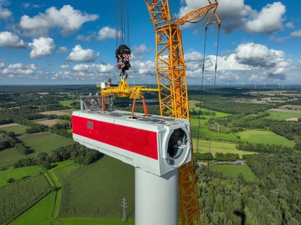 Dorsten, North Rhine-Westphalia, Germany, construction of a wind turbine, the first wind turbine of