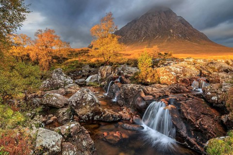 Waterfall, wild river, cloudy mood, morning light, autumn colours, autumn, mountains, Buachaille