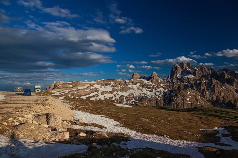 Camper paring at 2300 m sea level. Cadin mountain and surrounding area of the Tre Cime di Lavaredo