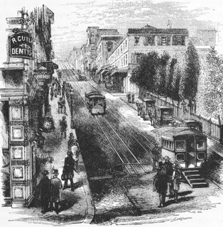 The San Francisco Cable Cars, the famous cable tram in San Francisco, steep street, horse-drawn