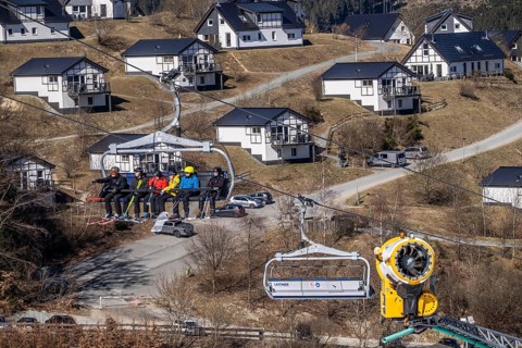 Winter sports area in the Sauerland, Winterberg ski lift carousel, artificial snow slopes,