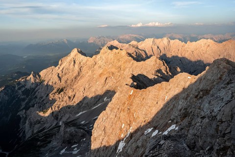 Impressive rocky mountain landscape in the evening light, steep mountain ridge, Jubiläumsgrat with