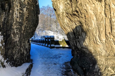 Neurathen rock gate and Bastei bridge on a winter morning, Saxon Switzerland, Saxony, Germany,