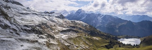 Panorama from Zeigersattel to Seealpsee, in the back left Höfats 2259m, Allgäu Alps, Allgäu,
