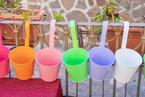 Colourful flowers pots, Castelmola, Taormina, Sicily, Italy, Europe