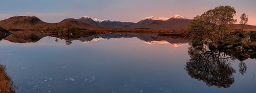 Mountains reflected in lake, morning light, morning mood, still, autumn, snowy, panorama, Lochan na