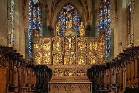 Altar of the Church of the Holy Cross Invention-de-la-Sainte-Croix in Kaysersberg, Alsace, France,
