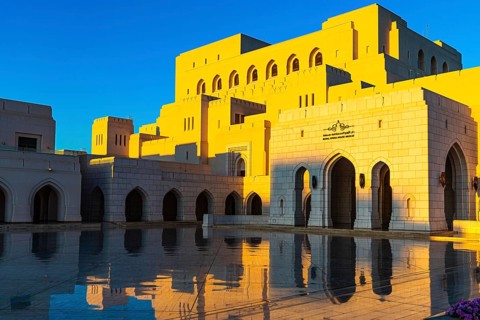 The main square in front of the Royal Opera in the evening light, Muscat, Arabian Peninsula,