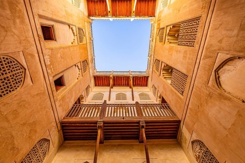 Inner courtyard of the Jabrin palace fortress, view upwards, Jabrin, near the town of Bahla,