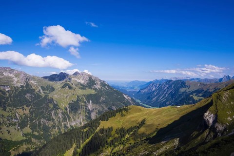View from the Rappenseehuette into the Stillachtal valley as far as Oberstdorf, Allgäu Alps,