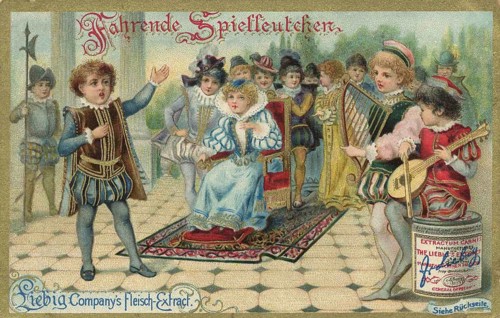 Picture series Children as travelling minstrels, Liebig picture, digitally restored reproduction of