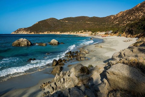 Lonely sandy beach and rocks, Spiaggia di Porto Sa Ruxi, Villasimius, south coast, Sardinia, Italy,