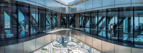 UAE, Skywalk Sky Views observation deck. Dubai panoramic skyline of city downtown and Dubai Mall.