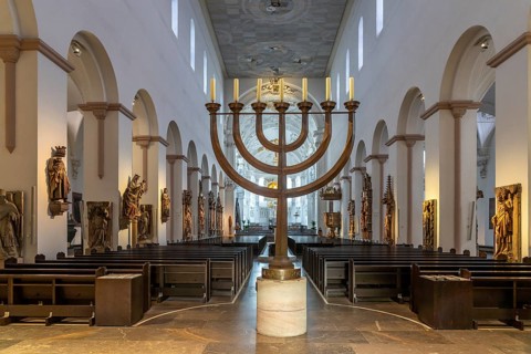 Seven-branched candelabra or menorah in the interior of Würzburg Cathedral, Würzburg, Bavaria,