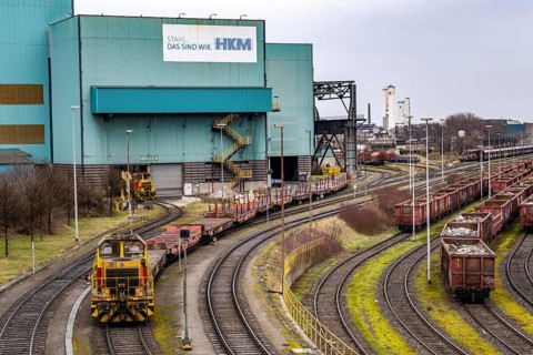 Hüttenwerke Krupp-Mannesmann, HKM in Duisburg, halls of the blast furnace steelworks, tracks of the