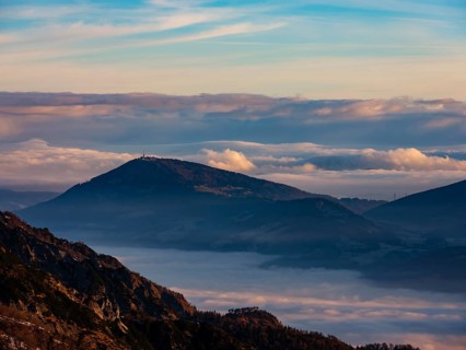 Gaisberg above the high fog cover at sunrise, Salzachtal, Hallein, Land Salzburg, Austria, Europe