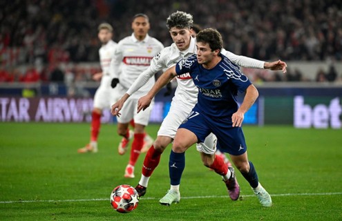 Duel, action Ameen Al-Dakhil VfB Stuttgart (02) against Joao Neves FC Paris Saint-Germain PSG (87)