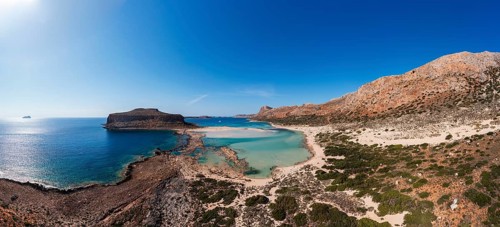 Drone shot, beach and bay of Balos, Gramvousa peninsula, Kolimbari, West Crete, Crete, Greece,