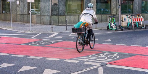 Red marked cycle path in the city centre, Berlin, Germany, Europe