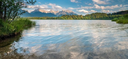 Evening mood at Barmsee, view of the Karwendel mountains, Krün, Bavaria, Germany, Europe