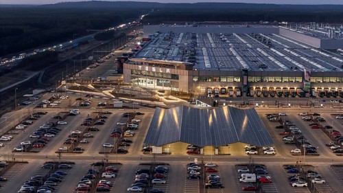The Tesla Gigafactory at the blue hour, Grünheide, 07.03.2025, Grünheide, Brandenburg, Germany,