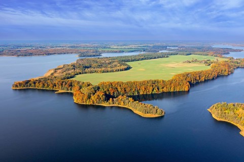 Aerial view over lake Schaalsee at Biosphärenreservat Schaalsee in autumn, fall,