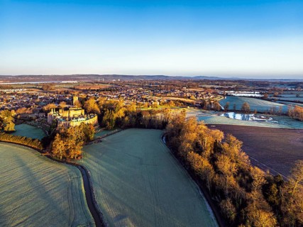 Berkeley Castle from a drone, Berkeley, Cotswolds, Gloucestershire, England, United Kingdom, Europe