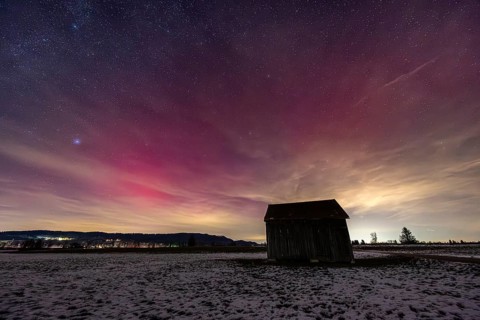 Northern Lights, Aurora borealis, violet, pink, red, hut, stars, Loisach-Lake Kochel-Moor,