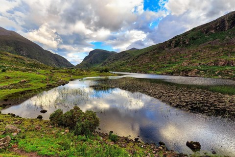 Lakeshore at dusk, Gap of Dunloe mountain pass, Killarney, Ring of Kerry scenic road, Iveragh