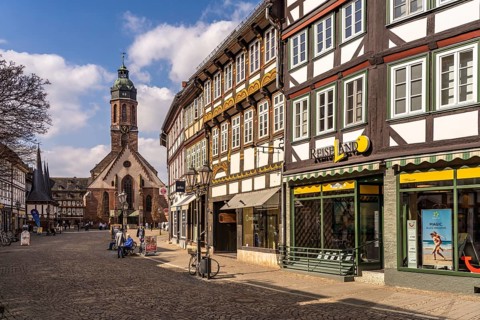 Half-timbered houses on the market square and St Jakobi market church, Einbeck, Northeim district,