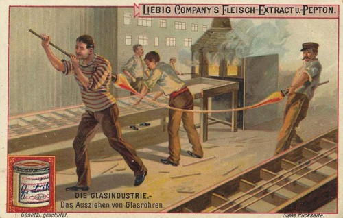 Picture series The glass industry, The drawing of glass tubes, Liebig picture, digitally restored