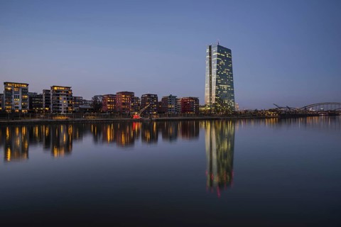 European Central Bank, ECB, in the evening twilight, blue hour, harbour park, Frankfurt am Main,