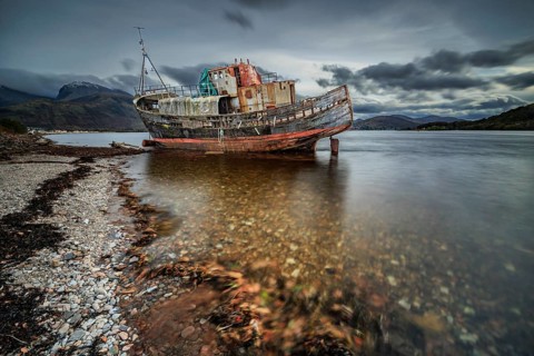 Shipwreck, coast, sea, mountains, long exposure, cloudy, autumn, Corpach Shipwreck, Corpach, Fort