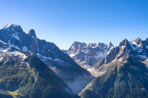Mountain landscape with mountain peak Grandes Jorasses and glacier Mer de Glace, Mont Blanc massif,