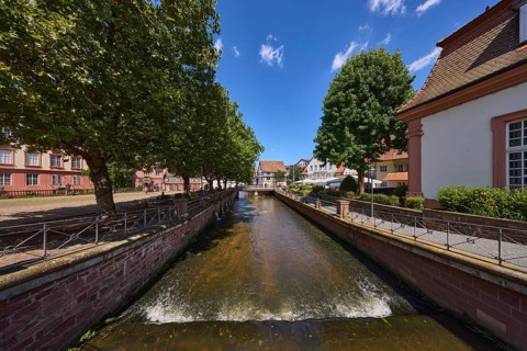 River Mümling, general development, car and pedestrian bridge, trees, metal railing, blue sky, Neue