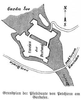 Site plan of the pile dwellings of Peschiera del Garda on Lake Garda at the time of the Terramare