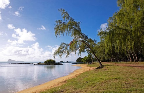 Indian Ocean beach at Calodyne, Gunner's Coin island in the background, Riviere du Rempart