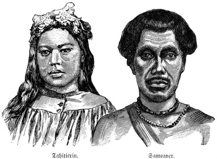 Portrait of a Tahitian woman with flower decoration and a Samoan man with necklace, Polynesia,