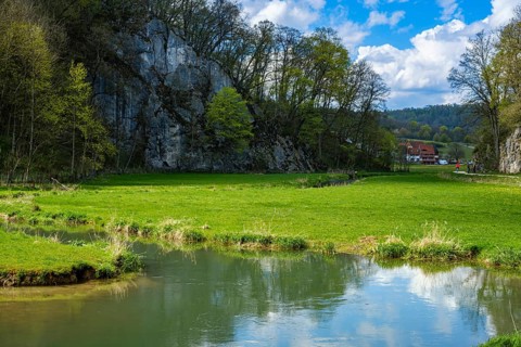 Picturesque valley of the Große Lauter in spring, near Unterwilzingen, Swabian Alb,