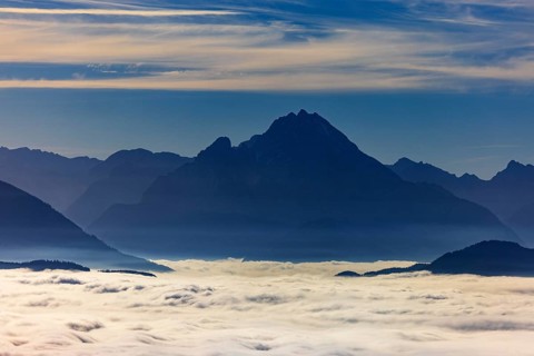 View from Schwarzenberg to a sea of fog in the Salzach valley with Watzmann, Osterhorn group,